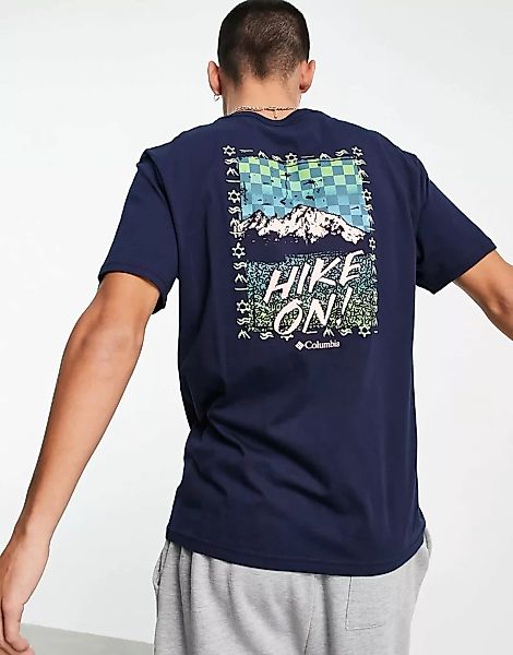 Columbia – T-Shirt in Marineblau mit Landschaftsprint hinten günstig online kaufen