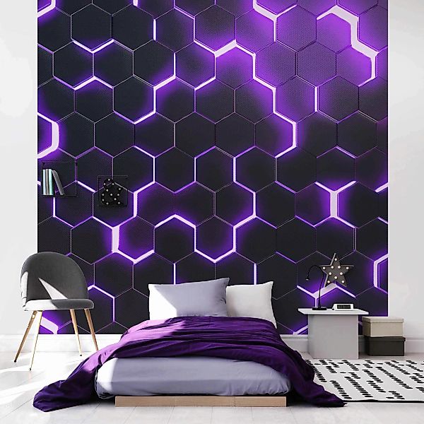 Fototapete Strukturierte Hexagone mit Neonlicht in Lila günstig online kaufen