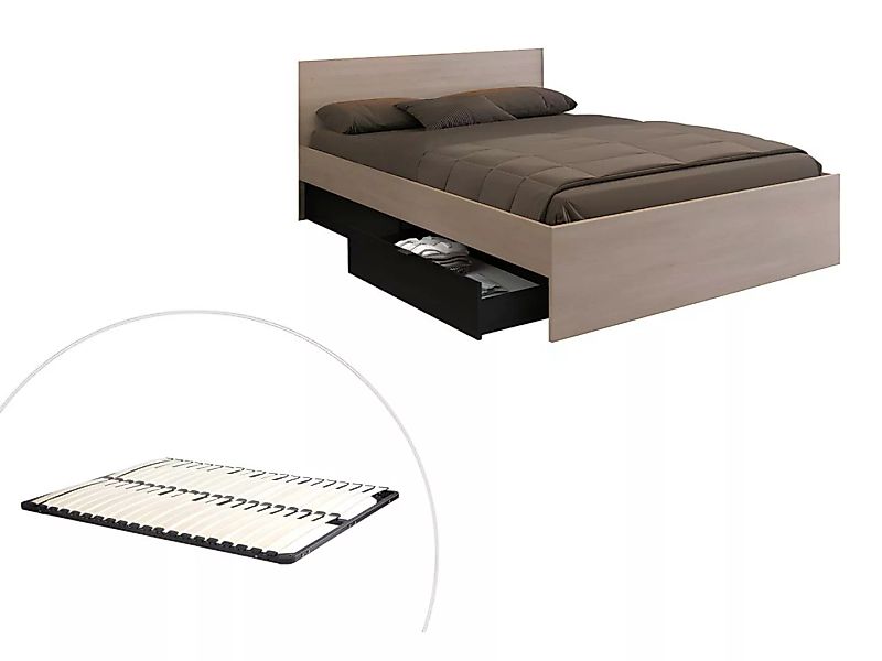 Bett mit 2 Schubladen + Lattenrost - 160 x 200 cm - Naturfarben & Schwarz - günstig online kaufen