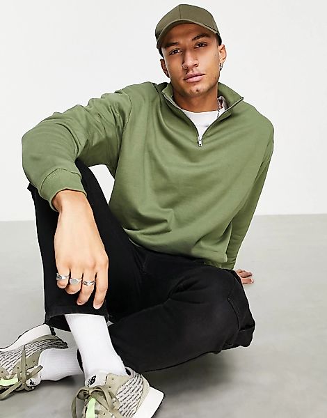 ASOS DESIGN – Oversize-Sweatshirt in Khaki mit kurzem Reißverschluss, Kombi günstig online kaufen