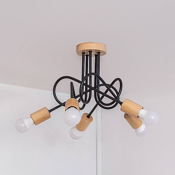 Deckenlampe Oxford, schwarz, Holz, Metall, 5-fl,, Ø 47 cm günstig online kaufen
