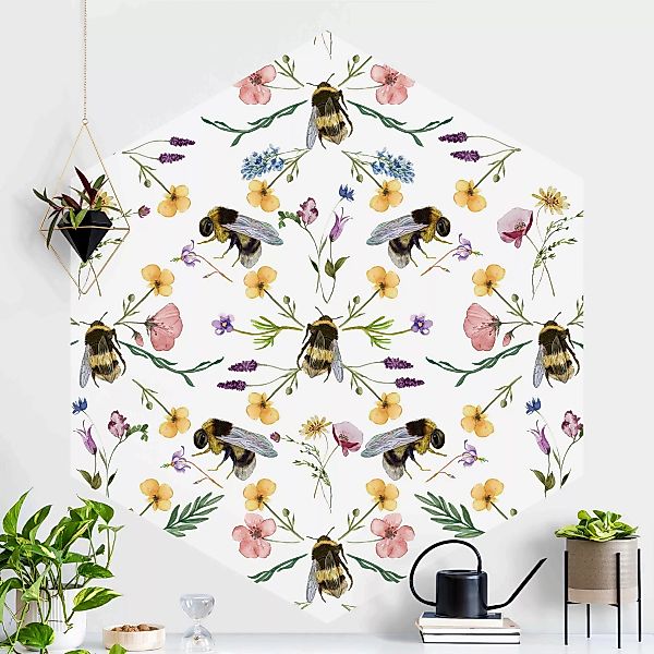 Hexagon Mustertapete selbstklebend Bienen mit Blumen günstig online kaufen