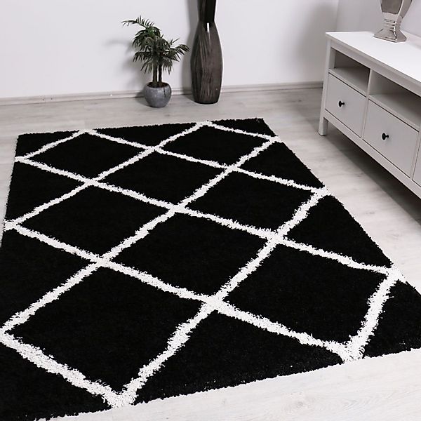 Vimoda Hochflor-Läufer Shaggy Wohnzimmer Rautenmuster Weiss, günstig online kaufen