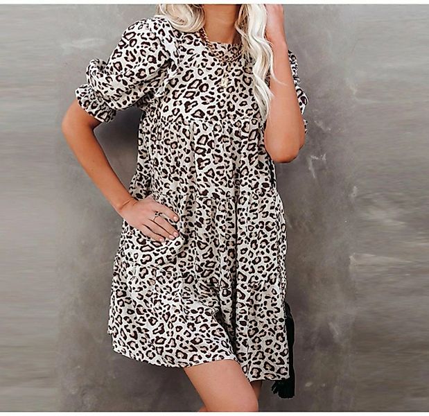 RUZU UG Dirndl Midikleid Lockeres Sommerkleid für Damen mit Leopardenmuster günstig online kaufen