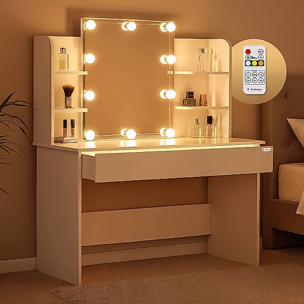 Schminktisch Lucia Weiß 140x110x40cm mit LED + Rollhocker günstig online kaufen