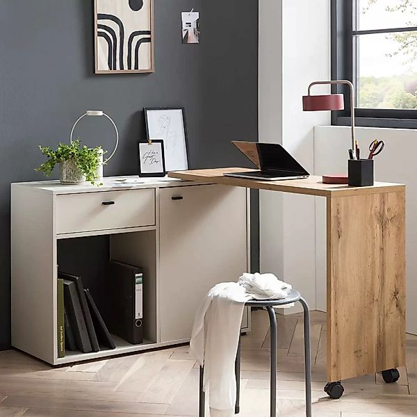 Home Office Schreibtisch in Wildeichefarben und Beige Made in Germany günstig online kaufen