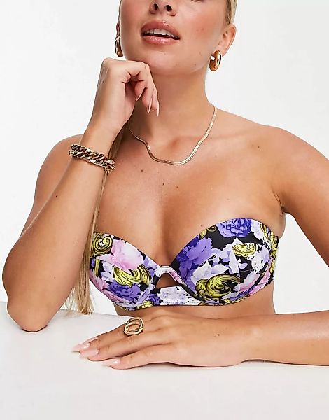 Missguided – Bikinioberteil mit Bügeln in Flieder mit Barock-Blumenmuster-L günstig online kaufen