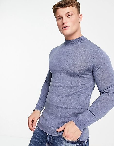 ASOS DESIGN – Pullover aus Merinowolle in Jeansblau mit Muskelshirt-Schnitt günstig online kaufen