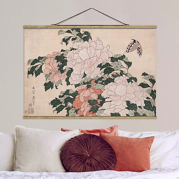 Stoffbild Blumen mit Posterleisten - Querformat Katsushika Hokusai - Rosa P günstig online kaufen