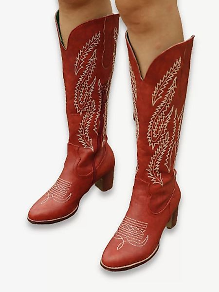 Plus Size Damen Retro rot spitze Zehe bestickt Chunky Heel Zipper Cowboy St günstig online kaufen