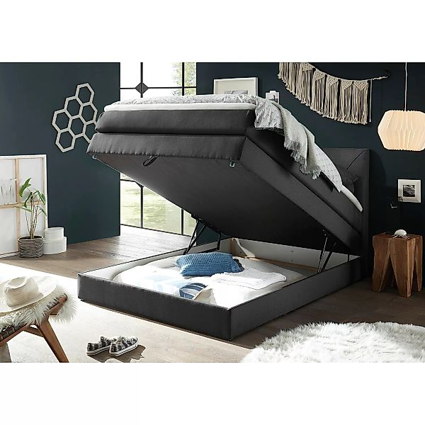 home24 loftscape Boxspringbett Griggs 120x200 cm Webstoff Schwarz mit Bettk günstig online kaufen