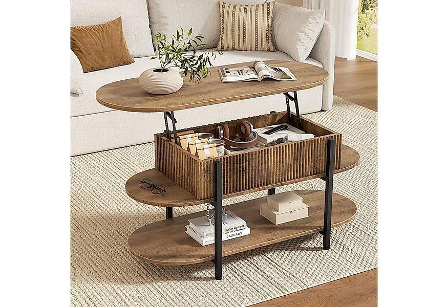 FABATO Couchtisch oval, höhenverstellbar mit verstecktem Stauraum, 3-Etagen günstig online kaufen