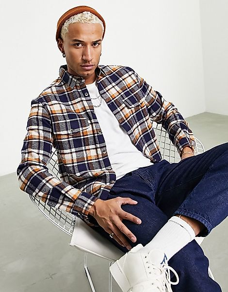 ASOS DESIGN – Hemdjacke aus Wolle in Blau und Orange kariert günstig online kaufen