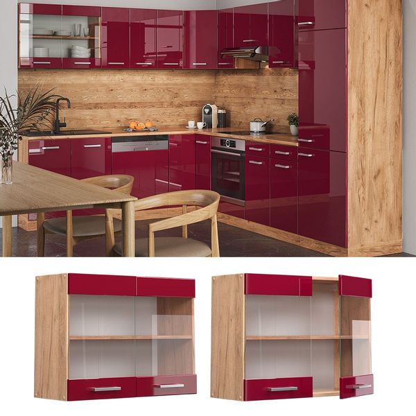 Vicco Glashängeschrank R-Line, Rot Hochglanz/Goldkraft Eiche, günstig online kaufen