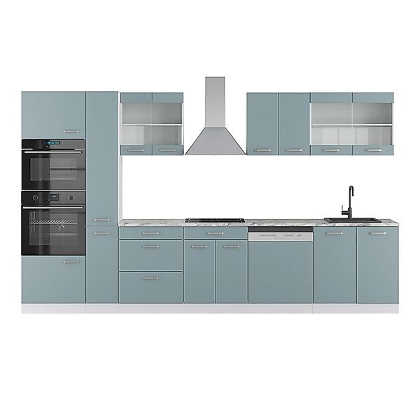 Vicco R-Line Küchenzeile Blau-Grau/Weiß 350 cm mit HochschrankAP Marmor günstig online kaufen