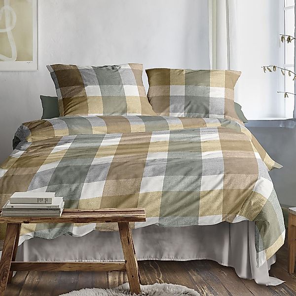 Irisette Biber Bettwäsche Koala 8622-40 Kariert Grün Gelb Grau 135x200 günstig online kaufen