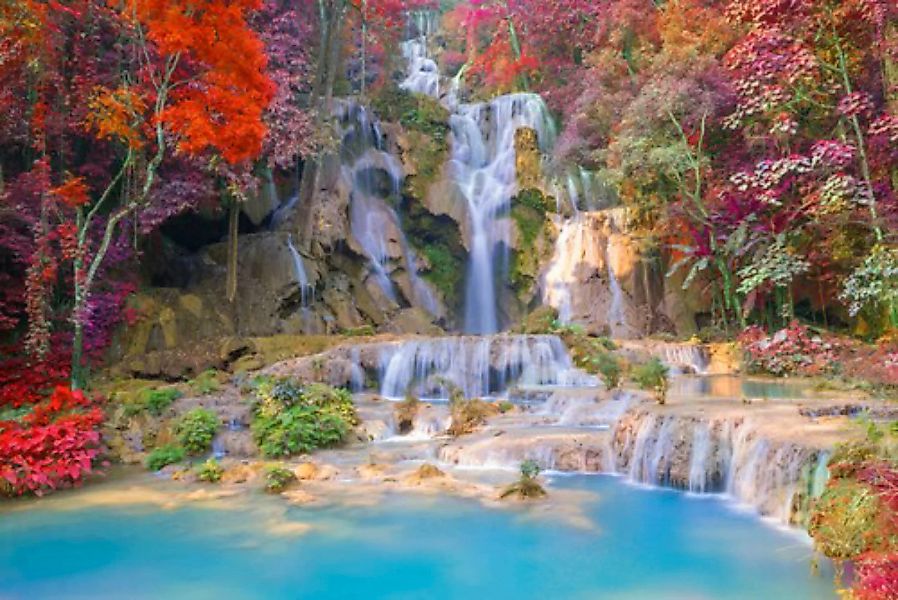 Papermoon Fototapete »WASSERFALL-BÄUME FLUSS SEE STEINE BLUMEN BERGE HERBST günstig online kaufen