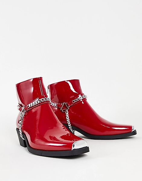 ASOS DESIGN – Rot lackierte Chelsea-Stiefel im Westernstil mit silberfarben günstig online kaufen