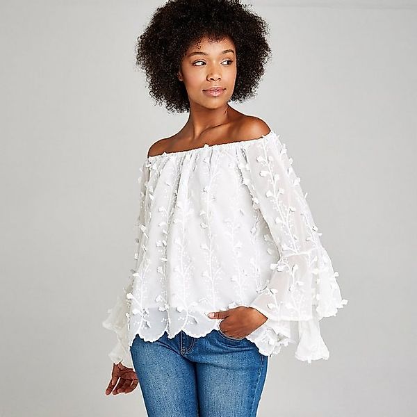 Apricot Klassische Bluse Bardot-Bluse, (1-tlg) mit aufgestickten Blumen günstig online kaufen