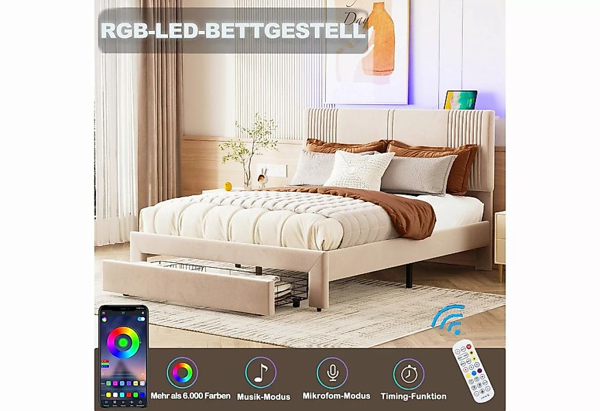 Ulife Polsterbett Doppelbett Jugendbett mit Lichtleiste und USB-Buchse, Rüc günstig online kaufen