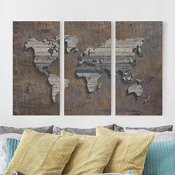 3-teiliges Leinwandbild Weltkarte - Querformat Holz Rost Weltkarte günstig online kaufen