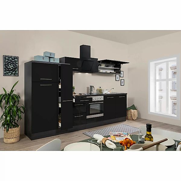 Respekta Premium Küchenzeile 300 cm Schwarz Hochglanz-Eiche Grau günstig online kaufen