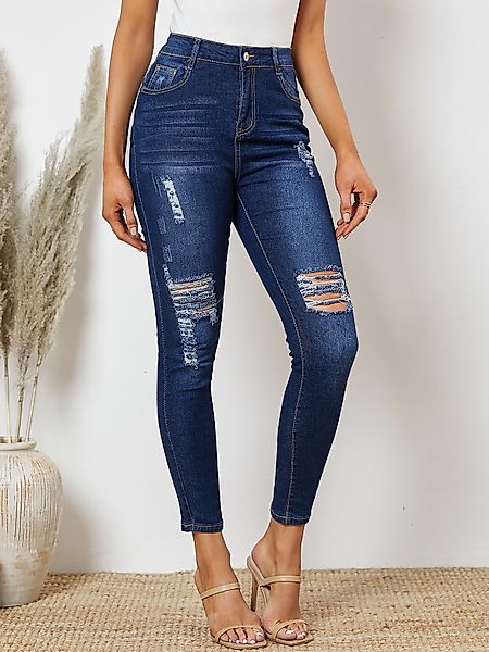 Marineblaue Jeans mit seitlichen Taschen und zufälligen Rippendetails günstig online kaufen