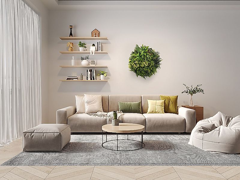 Pflanzenbild künstlich rund - 50 cm - Rahmen Holzfarben, Blätter Grün - BOI günstig online kaufen