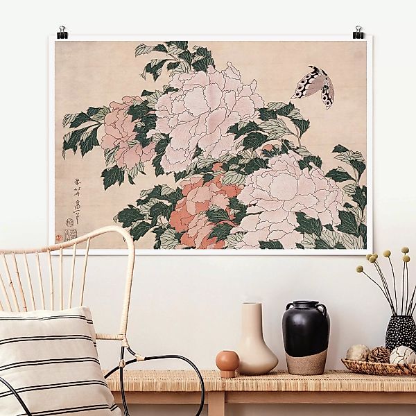 Poster Katsushika Hokusai - Rosa Pfingstrosen mit Schmetterling günstig online kaufen