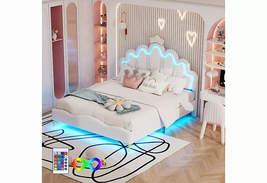 Odikalo Kinderbett Jugendbett Polsterbett Kronenform Leder LED-Licht Rosa/W günstig online kaufen