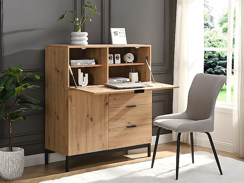 Sekretär mit 2 Türen & 3 Schubladen - MDF & Metall - Naturfarben - ERWIN günstig online kaufen