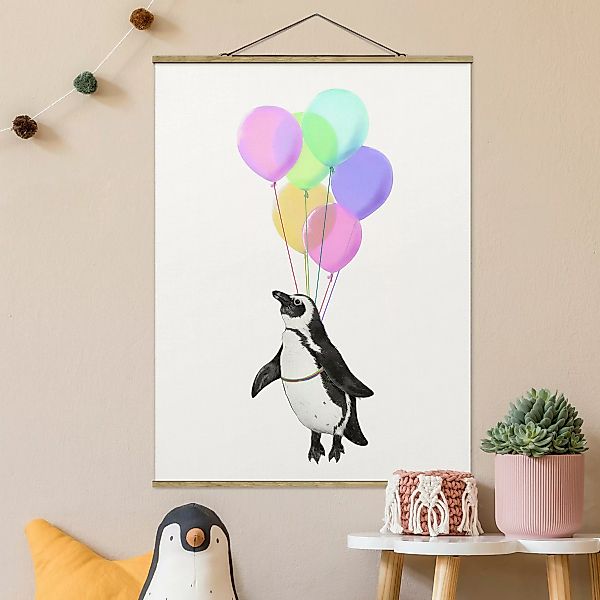Stoffbild Tiere mit Posterleisten - Hochformat Illustration Pinguin Pastell günstig online kaufen