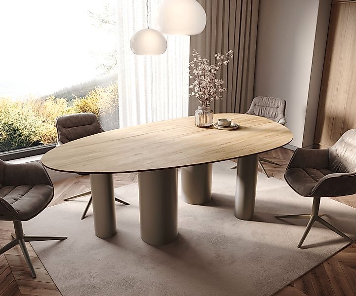 Esstisch Edge Oval 220x120 Keramik Laminam® Sabbia Eichefarbig Pilier Metal günstig online kaufen