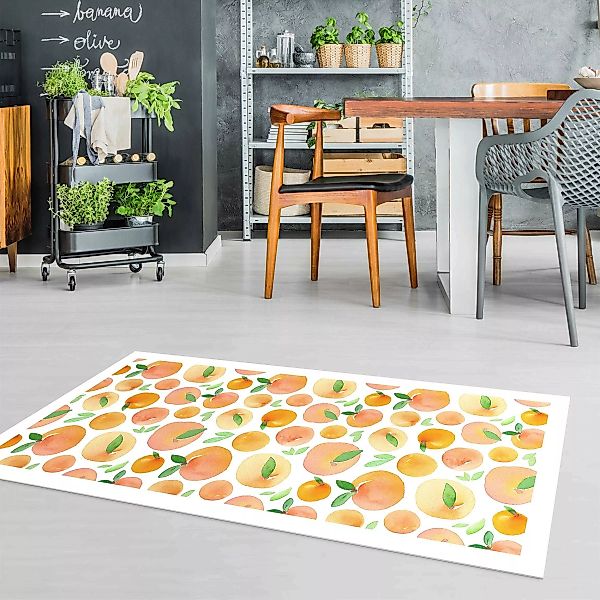 Vinyl-Teppich Aquarell Orangen mit Blättern in weißem Rahmen günstig online kaufen