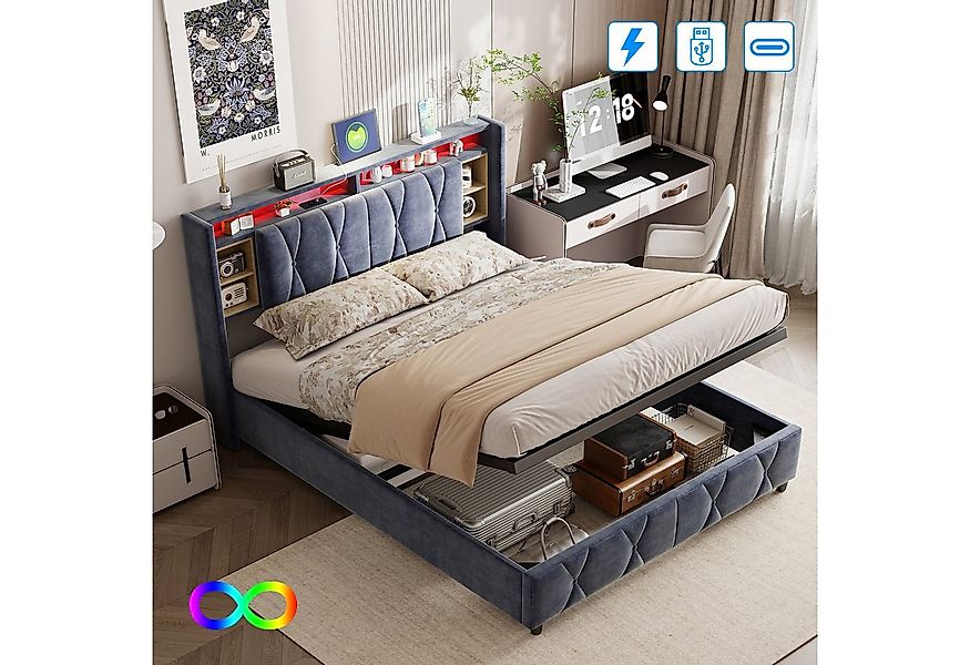 Furnishings Home Polsterbett Doppelbett Stauraumbett LED + Ladeanschluss (K günstig online kaufen