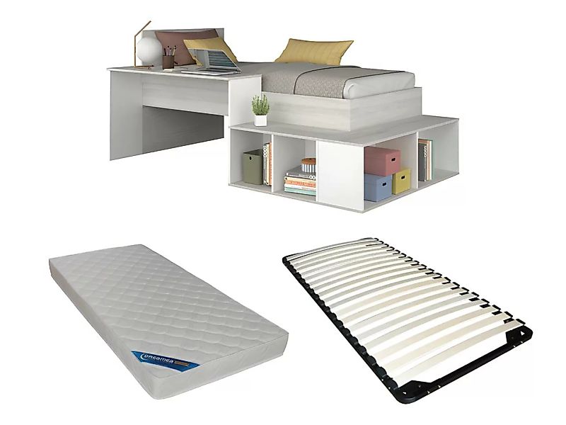 Kombi-Bett 90 x 200 cm mit Stauraum & Schreibtisch + Lattenrost + Matratze günstig online kaufen