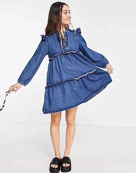 Topshop – Gestuftes Jeanskleid in Mittelblau mit Rüschen günstig online kaufen