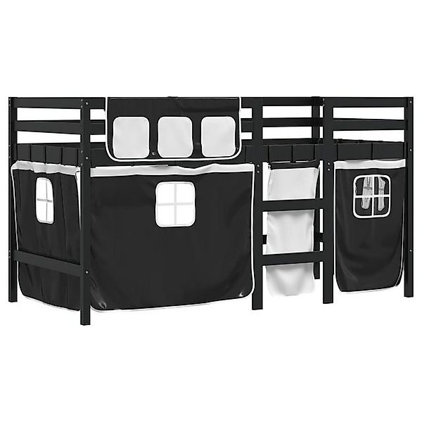 vidaXL Bett Kinderhochbett mit Vorhängen Weiß und Schwarz Massivholz Kiefer günstig online kaufen
