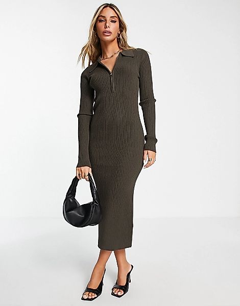 Envii – Midi-Kleid aus Jersey mit kurzem Reißverschluss und Kragen in Schok günstig online kaufen