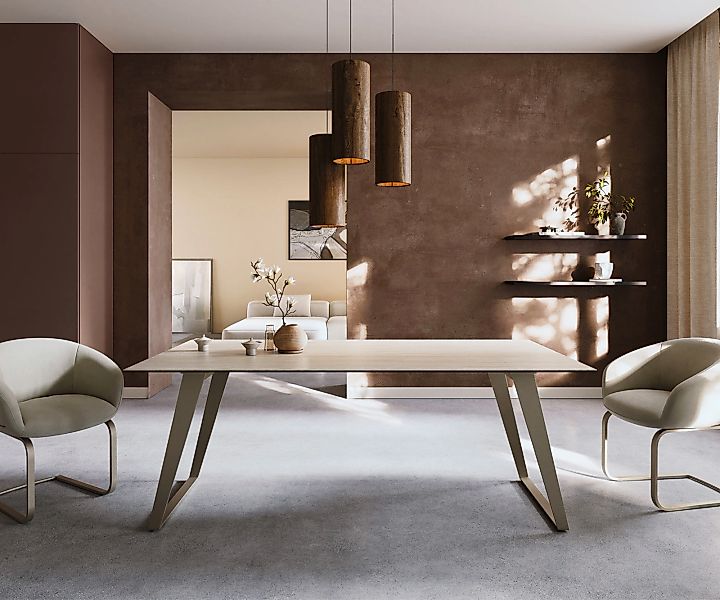 Esstisch Edge 200x100 Keramik Laminam® Travertino Bianco Creme-Weiß Metall günstig online kaufen