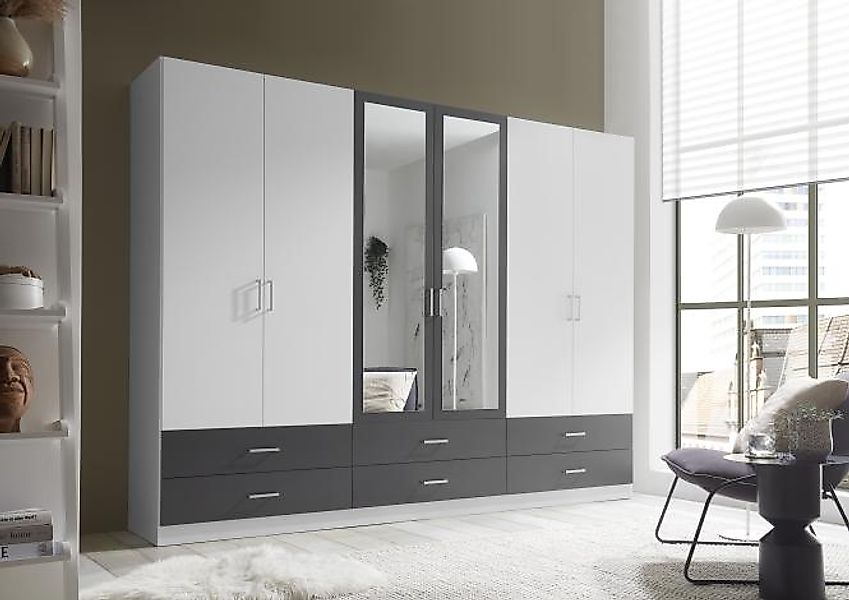 Kleiderschrank 6-trg. mit Spiegel ca. 272 x 211 x 55 cm JANNE Weiß/Graphit günstig online kaufen