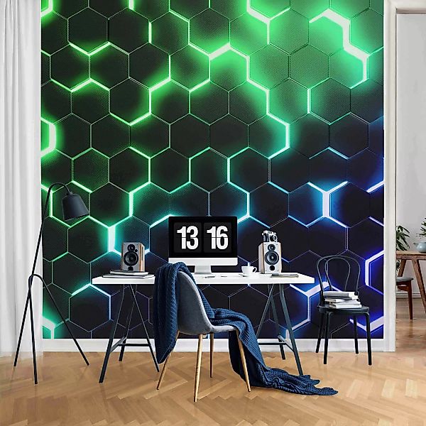 Fototapete Strukturierte Hexagone mit Neonlicht in Grün und Blau günstig online kaufen
