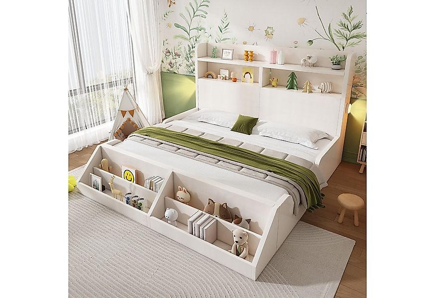 Flieks Kinderbett, Holzbett Einzelbett 140x200cm mit Nachtlicht, abnehmbare günstig online kaufen