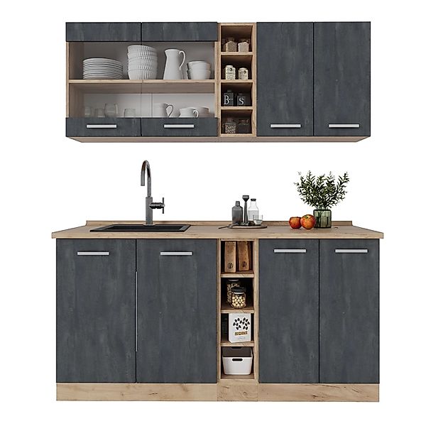Vicco R-Line Mini-Küche Schwarz Beton/Goldkraft Eiche 160 cm ohne Arbeitspl günstig online kaufen