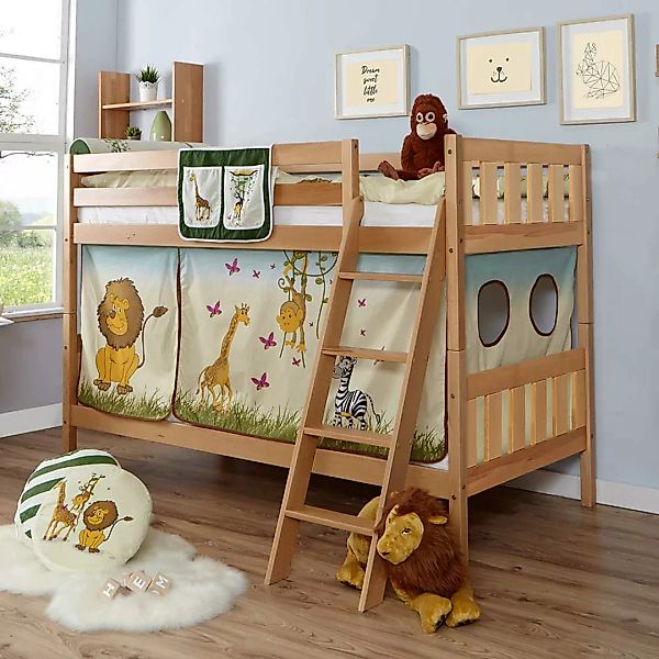 Kinderzimmer Stockbett aus Buche Massivholz Vorhang im Zootier Design günstig online kaufen