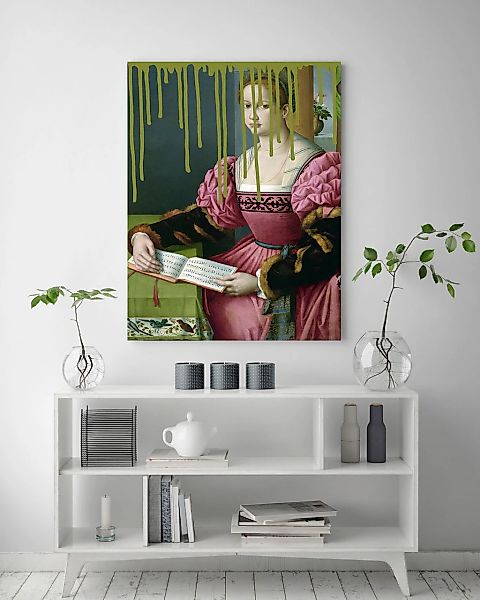 queence Acrylglasbild »Frau mit Buch und Farbklecks«, Kunst-Gemälde-Frau-Bi günstig online kaufen