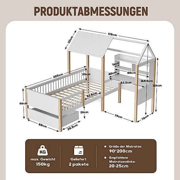 Celya Kinderbett Kinderbett mit L-förmiges Schreibtisch und Bücherregal (Sc günstig online kaufen