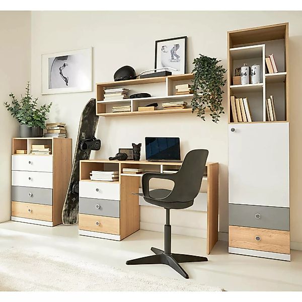 Jugendzimmer Schreibtisch Set in Eiche mit weiß und grau PINETO-133, 4-teil günstig online kaufen