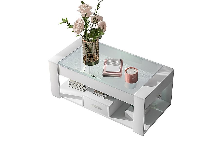 Merax Couchtisch, Sofatisch mit Glastischplatte, Wohnzimmertisch, Schublade günstig online kaufen