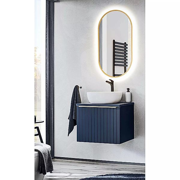 Bad Waschplatz Set mit LED Spiegel und Keramik Waschbecken in Indigo Blau P günstig online kaufen